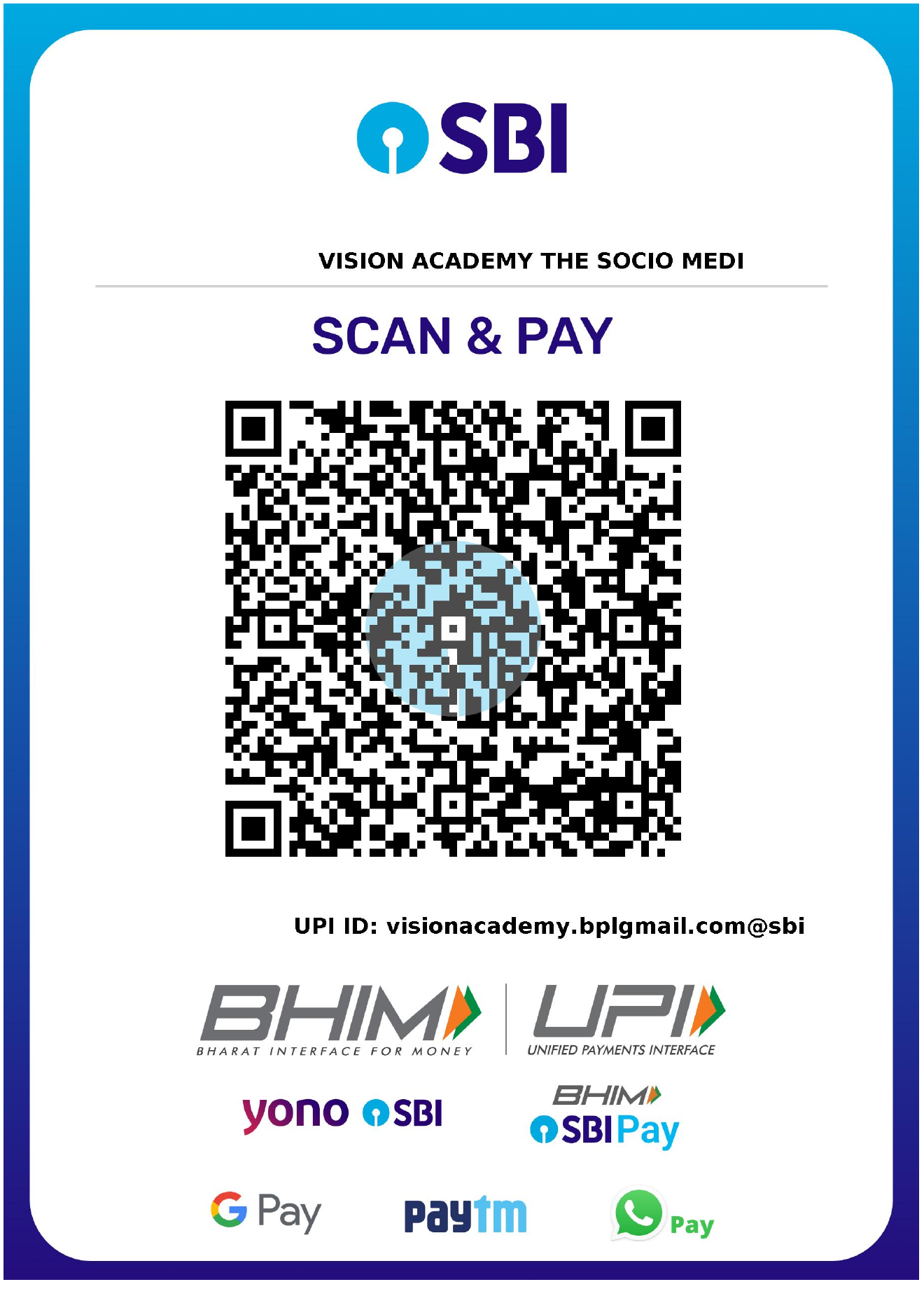 SBI UPI QR scanner for Vision Academy donation